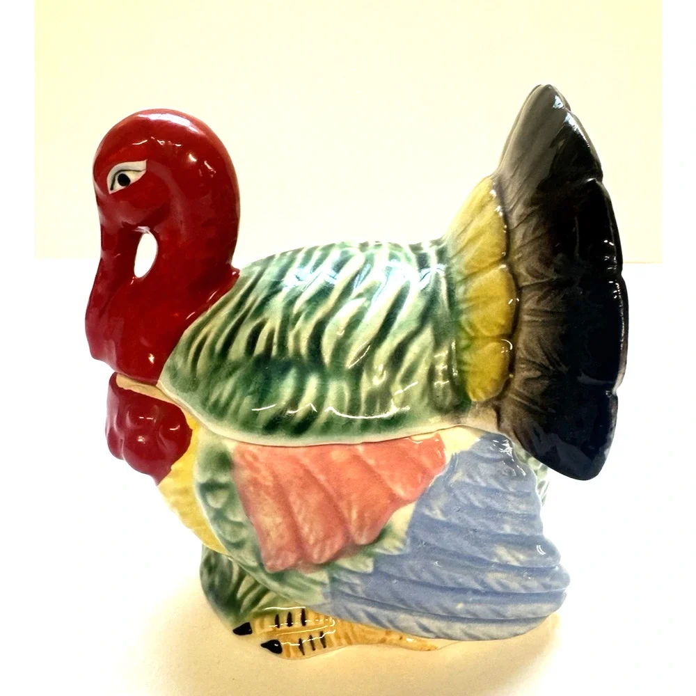 Vintage Hand Painted Ceramic Turkey Gobbler Sugar Bowl, Storage, Matches-Lidded
